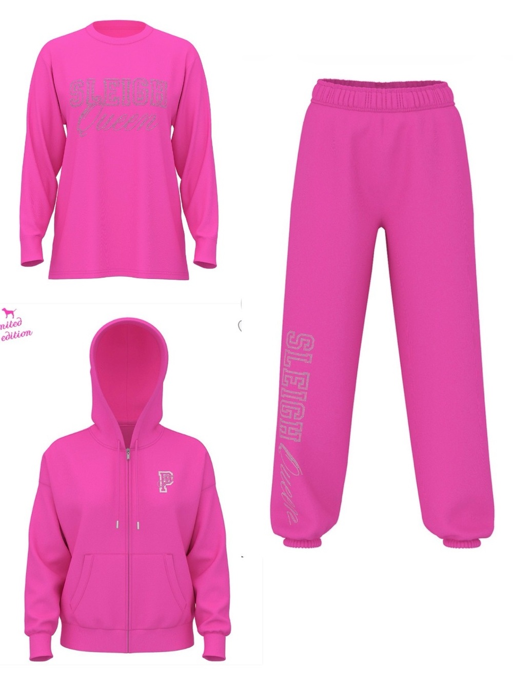 PINK 3-Piece Sleigh Queen Bling Set S/XS Limited Edition NWT Sizzling Strawberry